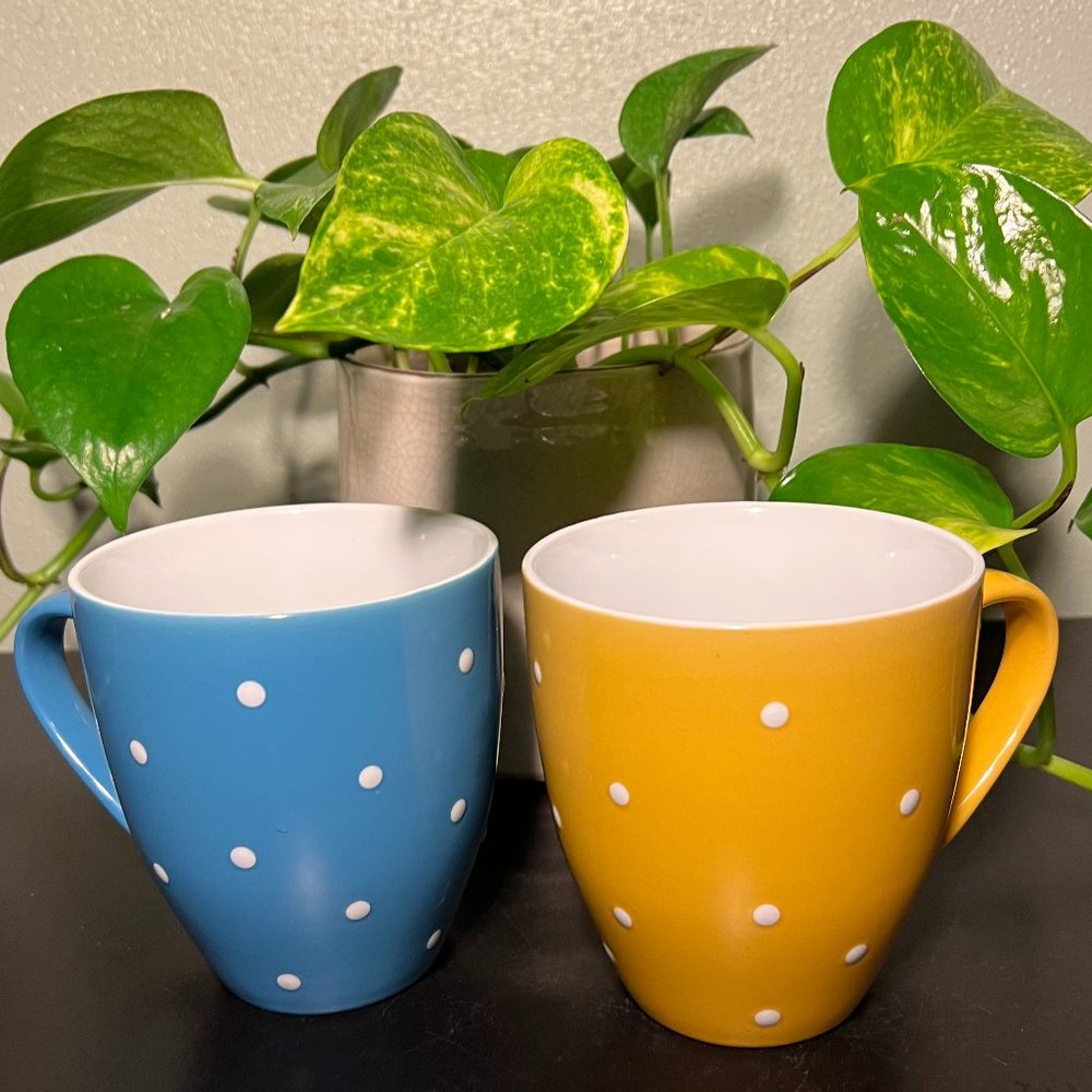 Set of 2 Blue Yellow Embossed White Polka Dot Ceramic Coffee Tea Cups Mugs - Picture 2 of 6